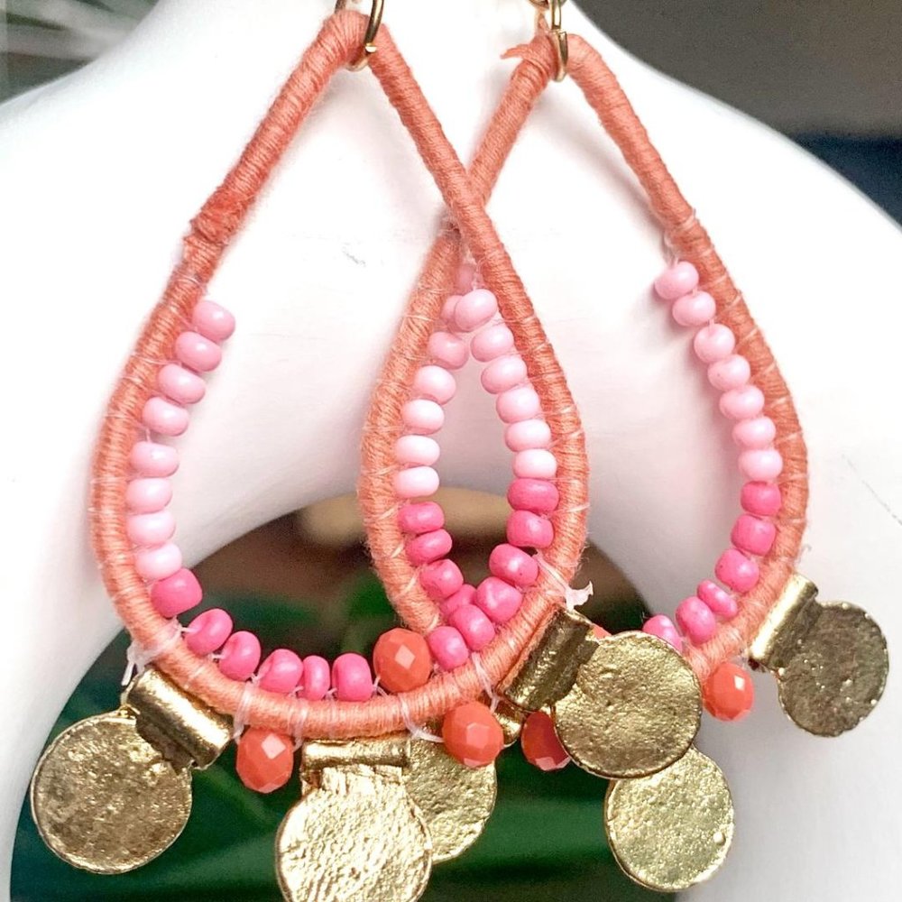 Artisanal Pink Seed Bead Thread Wrapped Teardrop Dangle Earrings Gold Accents